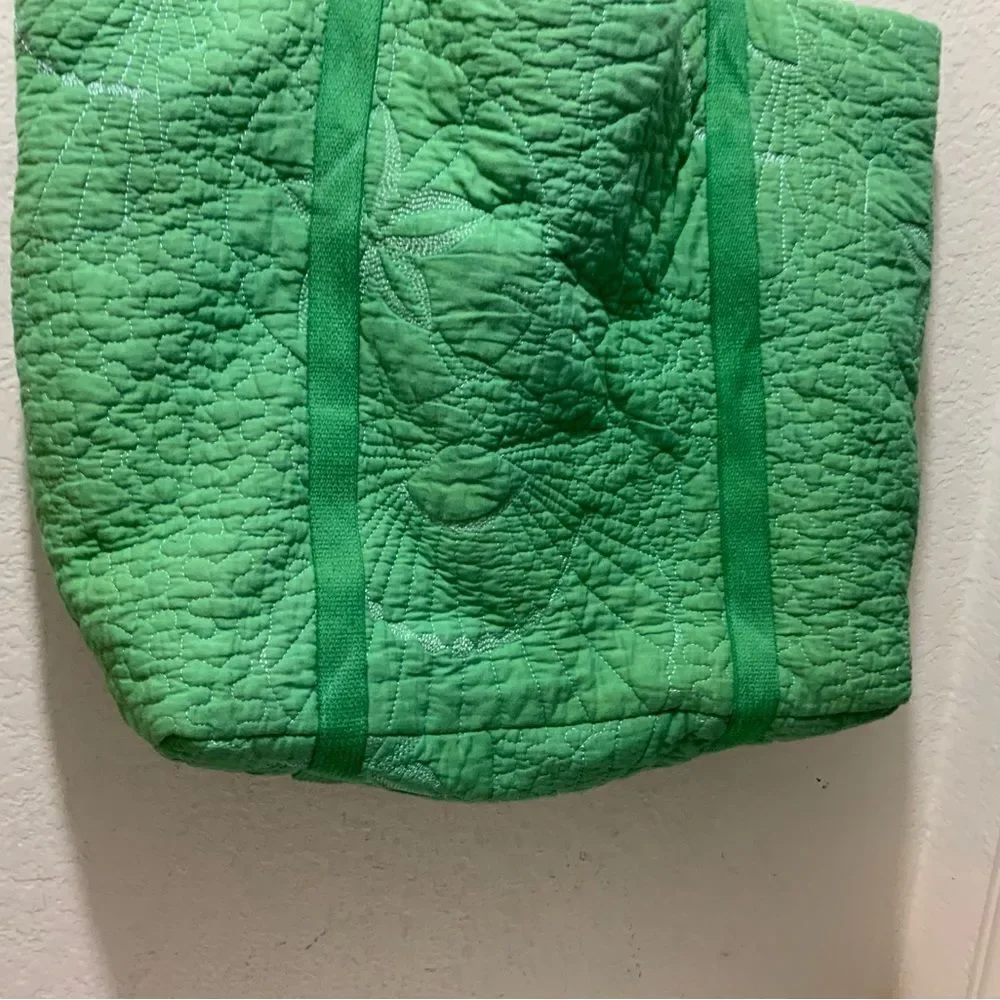 Large Quilted floral open tote bag green white stitches